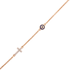 Close-up of the gold-plated chain featuring a clear stone cross and an evil eye charm