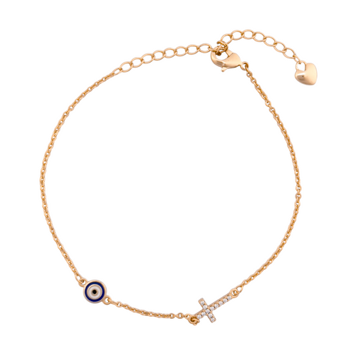 Gold-plated bracelet featuring a clear stone cross and a blue evil eye charm on a white background