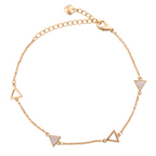 Gold-plated bracelet featuring alternating open and pavé triangle charms on a white background