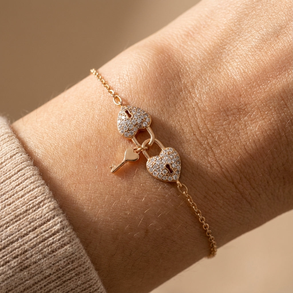 Gold linked heart bracelet worn on wrist
