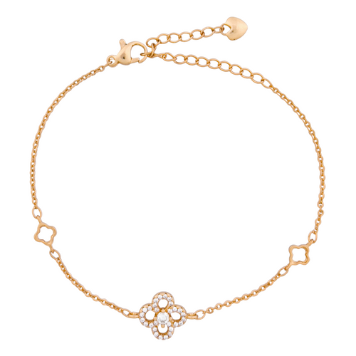 18K gold-plated clover charm bracelet with pavé stones on a white background