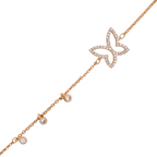 Close-up of pavé butterfly charm and round bezel accents on bracelet on a white background