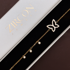 Gold-plated butterfly bracelet displayed in Zircon Jewels gift box