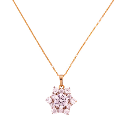 Gold-plated floral cluster pendant necklace with clear stones on a white background