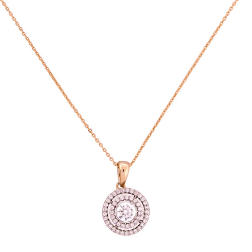 Gold-plated necklace with a double-halo round solitaire pendant on a white background