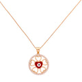 Necklace with a circular pendant featuring a red heart and central eye design on a white background.