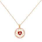 Necklace with a circular pendant featuring a red heart and central eye design on a white background.