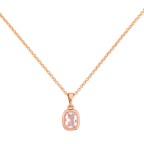 Gold-plated necklace with a cushion-cut solitaire pendant in a bezel setting on a white background
