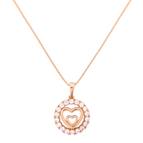Gold-plated necklace with a pavé circle pendant and layered heart detail on a white background