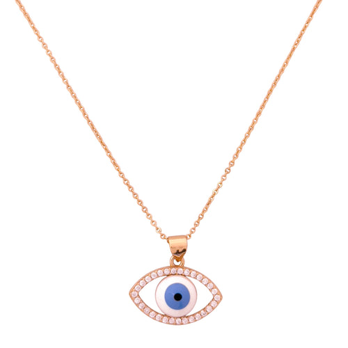 Gold-plated evil eye pendant necklace with a blue-and-white enamel center on a white background