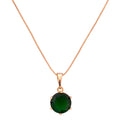 Gold-plated necklace with a round emerald green stone pendant on a white background
