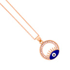 Close-up of the evil eye pendant in a pavé circle frame