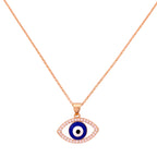 Gold-plated evil eye pendant necklace with a pavé border on a white background