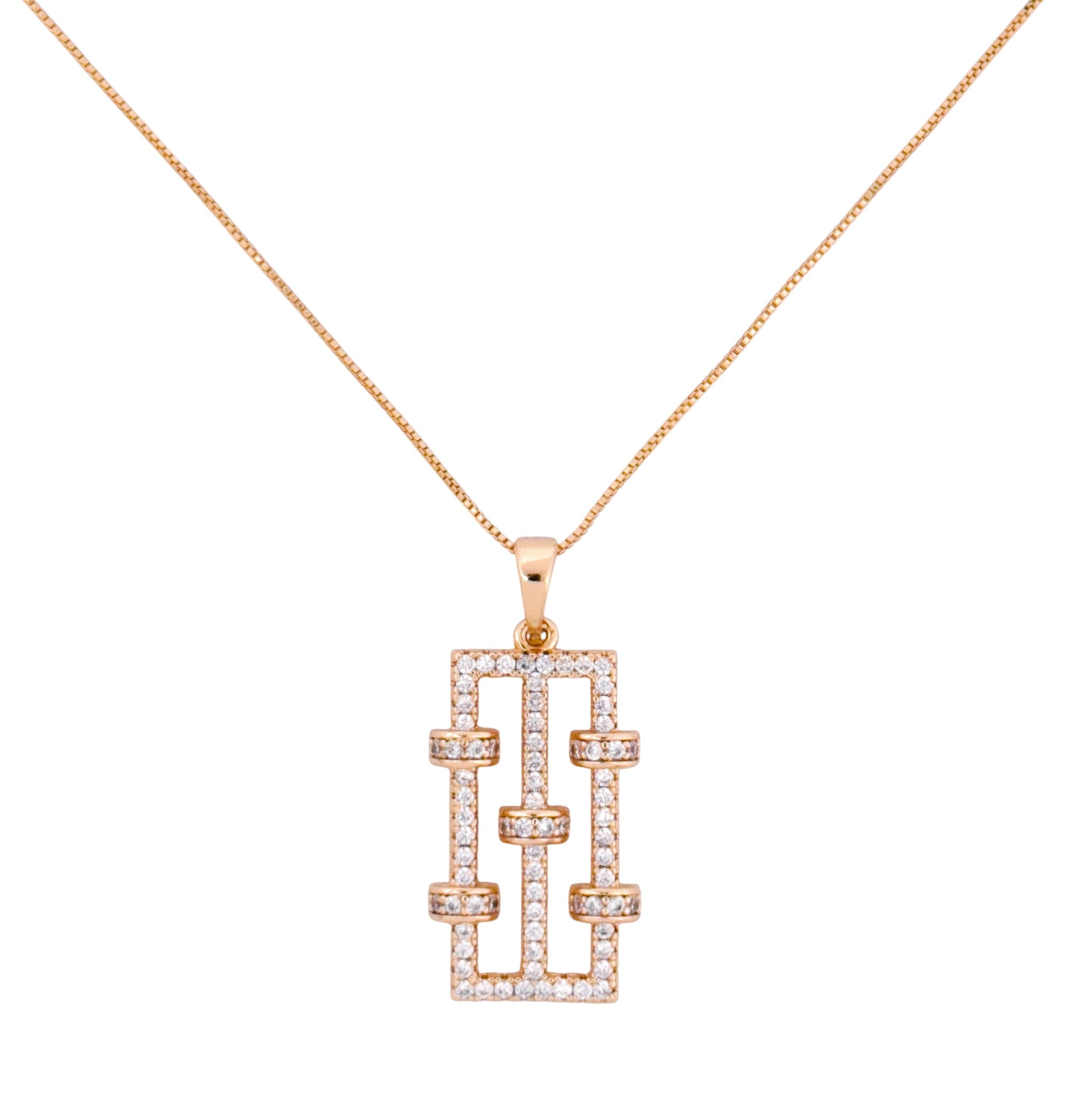 Rose gold necklace with a rectangular pendant on a white background