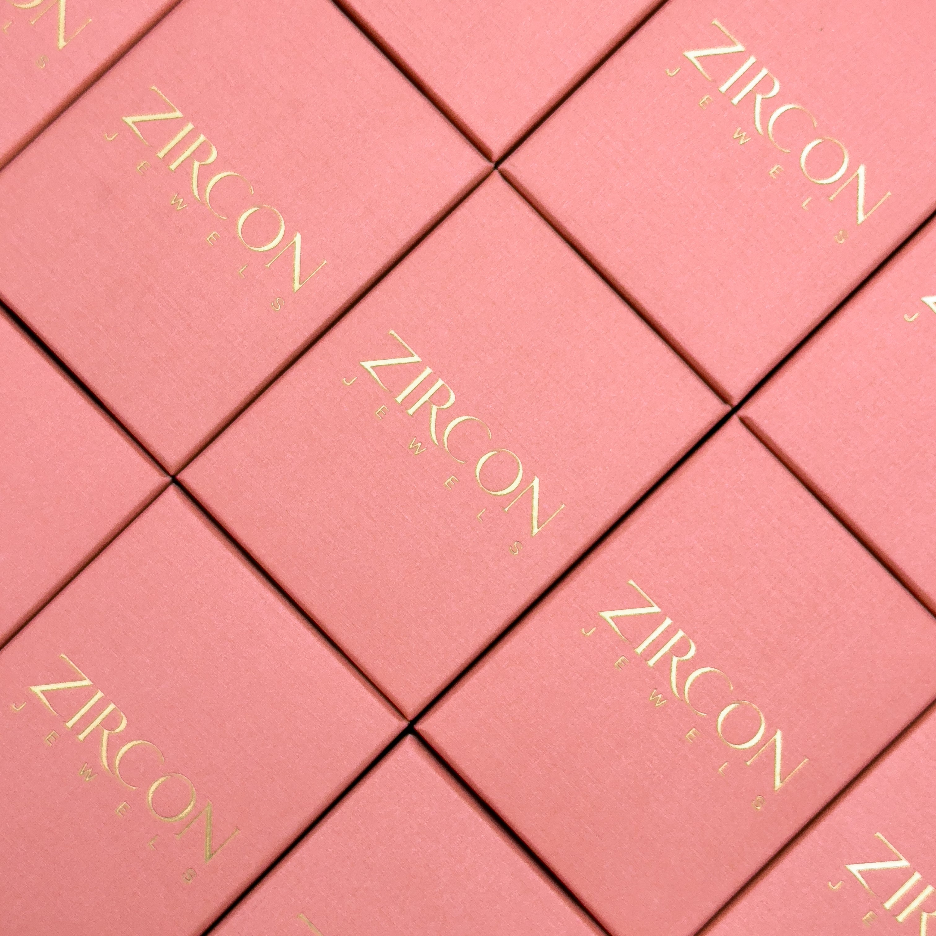 Zircon Jewels blush pink jewelry box with gold logo – gift-ready packaging